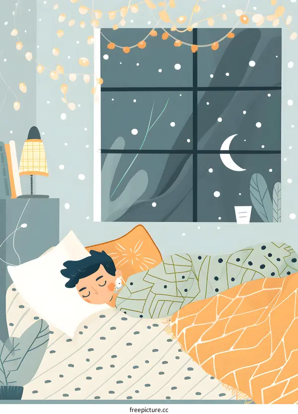 Sleeping Man In Cozy Bed With Snowing Outside Window