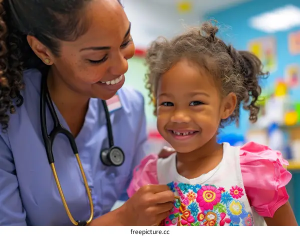 Pediatrician examining a smiling little girl
