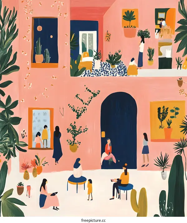 Colorful Illustration of People Gathering in a Courtyard