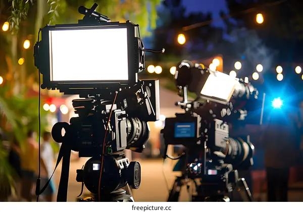Professional Film Cameras on a Tripod Outdoors at Night
