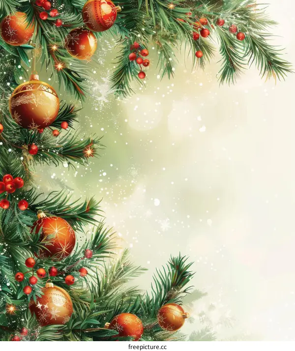 Festive Christmas Background with Fir Branches and Red Berries