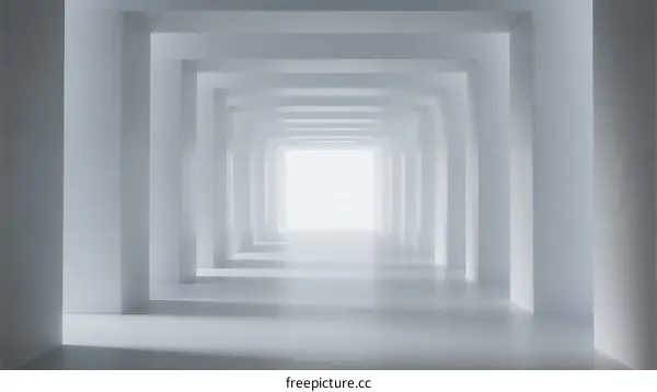 Endless White Corridor with Geometric Architecture and Light at the End