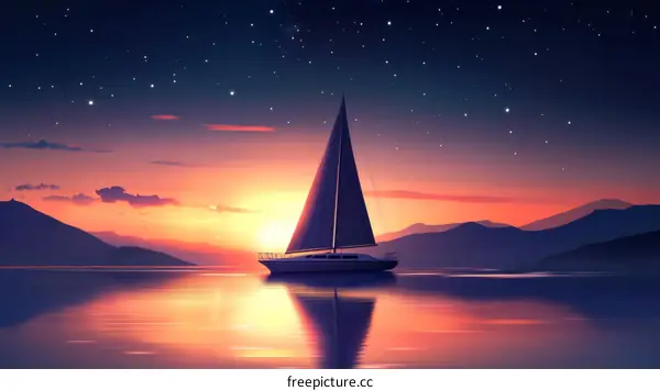 Beautiful Sunset Sailboat Illustration