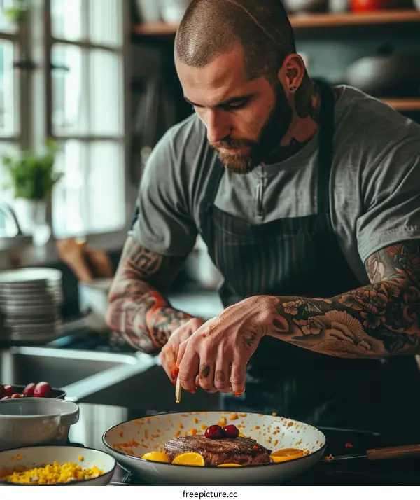 Tattooed chef carefully sprinkles spices over steak