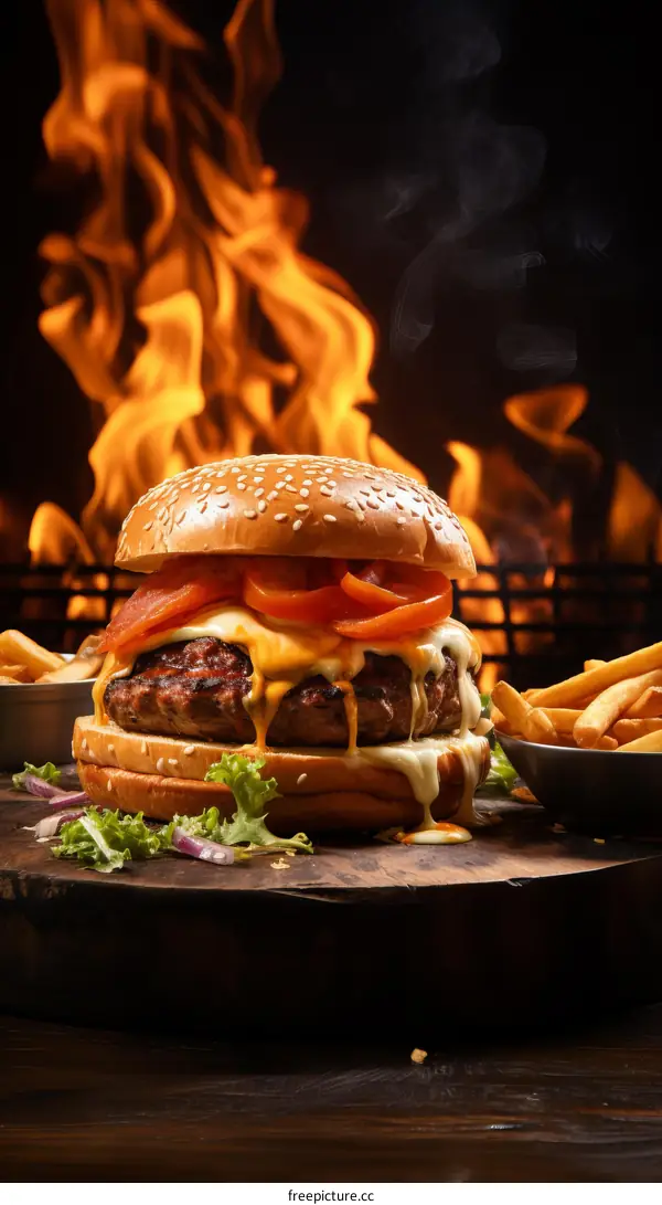 A juicy beef patty burger with melted cheese and tomato slices on a sesame bun with a side of fries
