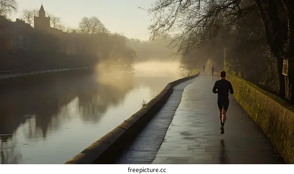 Morning Run Along the River with Fog and Church in the Distance