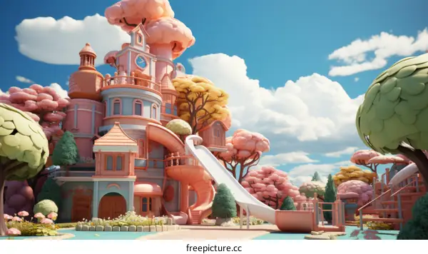 Whimsical digital illustration of a pink and blue house with a slide coming out of the second story