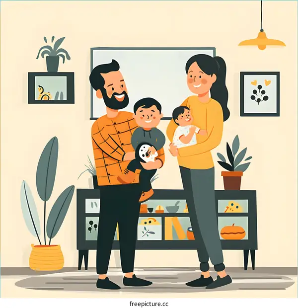 Happy Family of Four with Two Children in Their Living Room