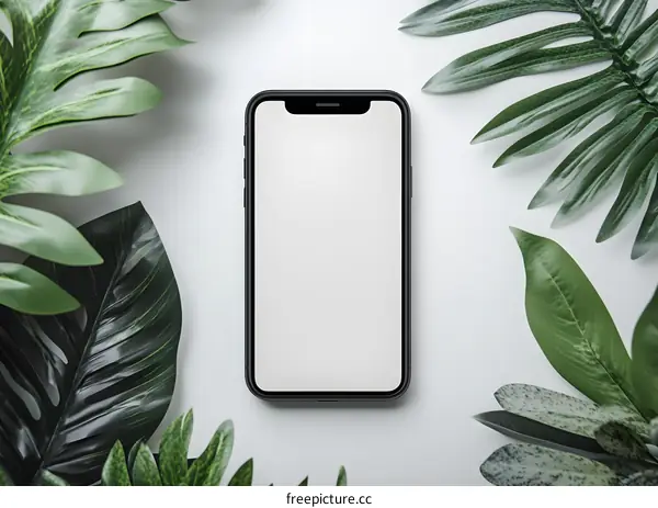 Black Smartphone Mockup with Green Leaves on White Background