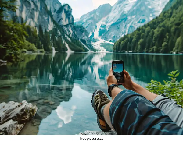 Man Taking a Picture of a Mountain Lake