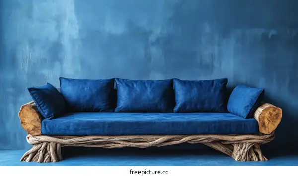 Rustic Blue Velvet Sofa Against a Deep Blue Wall