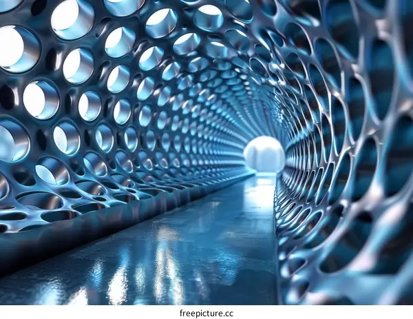 Futuristic Tunnel with Blue Metal and Holes