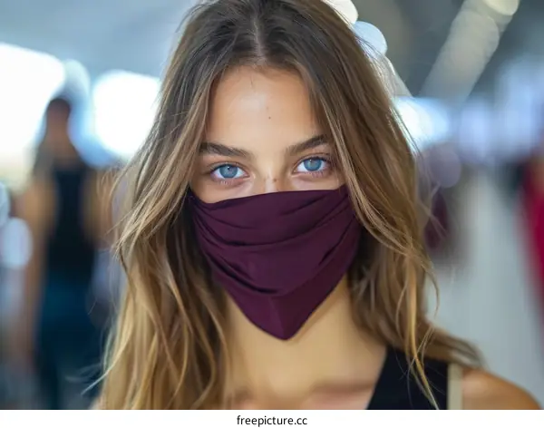 A young woman wearing a maroon mask over her mouth and nose