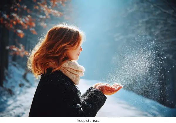 Winter Snowfall and a Woman in Nature