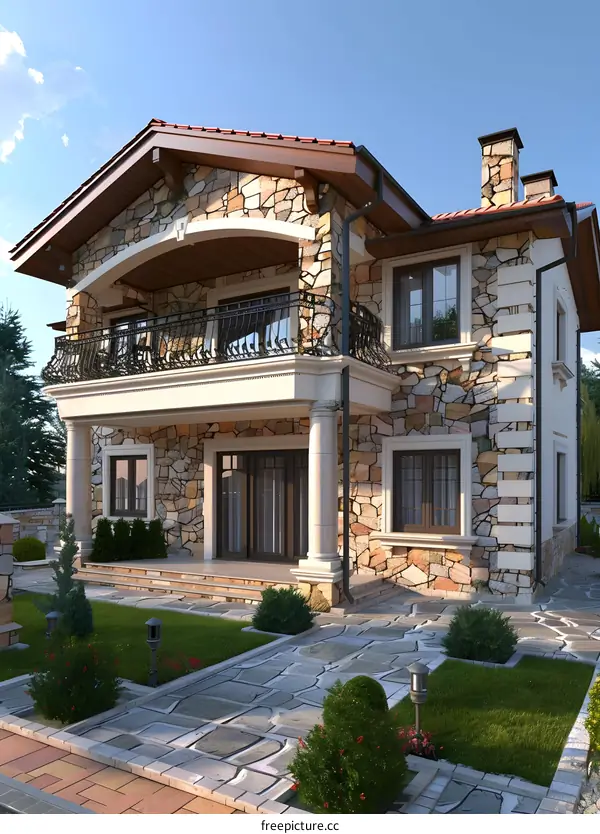 Modern Stone Villa Exterior Design with Balconies