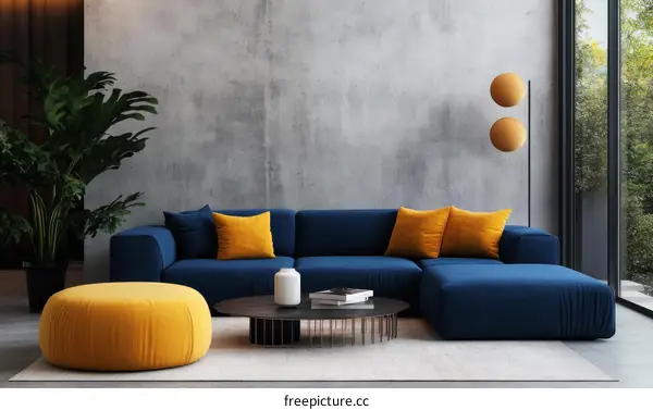 Modern Living Room Interior Design with Blue Sofa and Mustard Yellow Accents