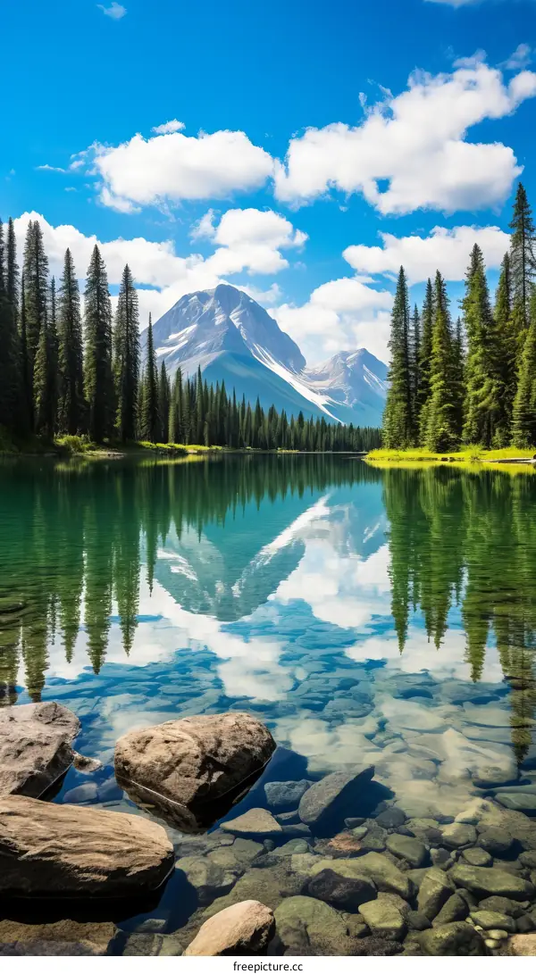The Crystal Clear Lake Reflects the Majestic Mountains and Trees