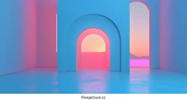 Abstract Minimalist Room With Archways and Sunset