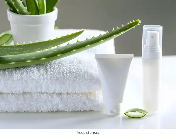Aloe Vera Skin Care Products With White Towels