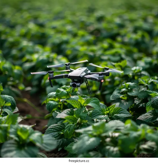 Drone Flying Over a Field of Green Plants
