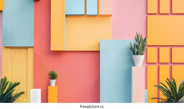 Colorful Wall With Plants and Geometric Shapes