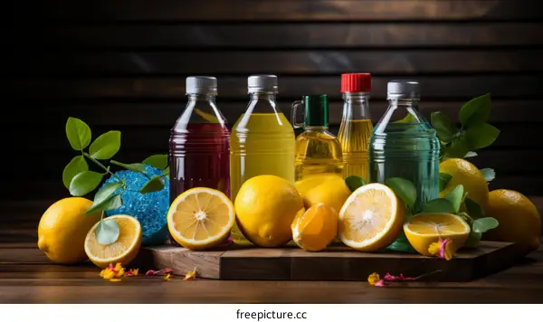 Colorful Bottles of Juice and Lemons on Wooden Table
