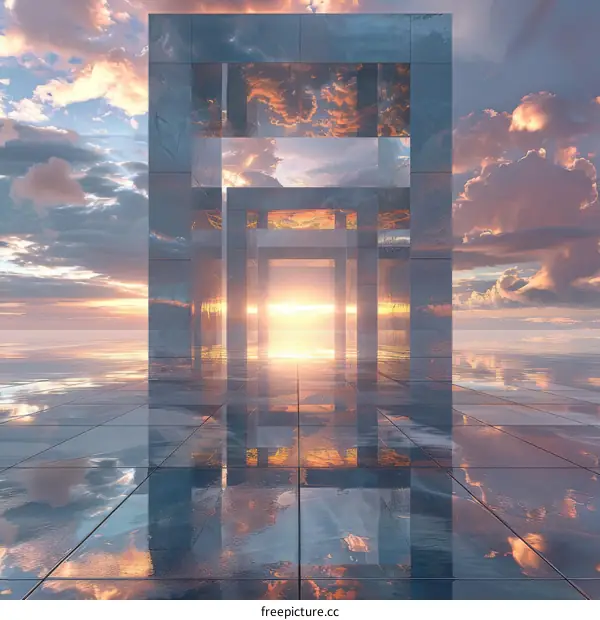 Futuristic Digital City in a Mystical Sunset Reflection