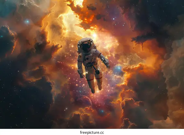 An astronaut in a spacesuit floating in a nebula