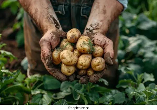 A farmer holding a handful of freshly harvested potatoes in his hands