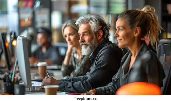 A group of people are working together in an office.