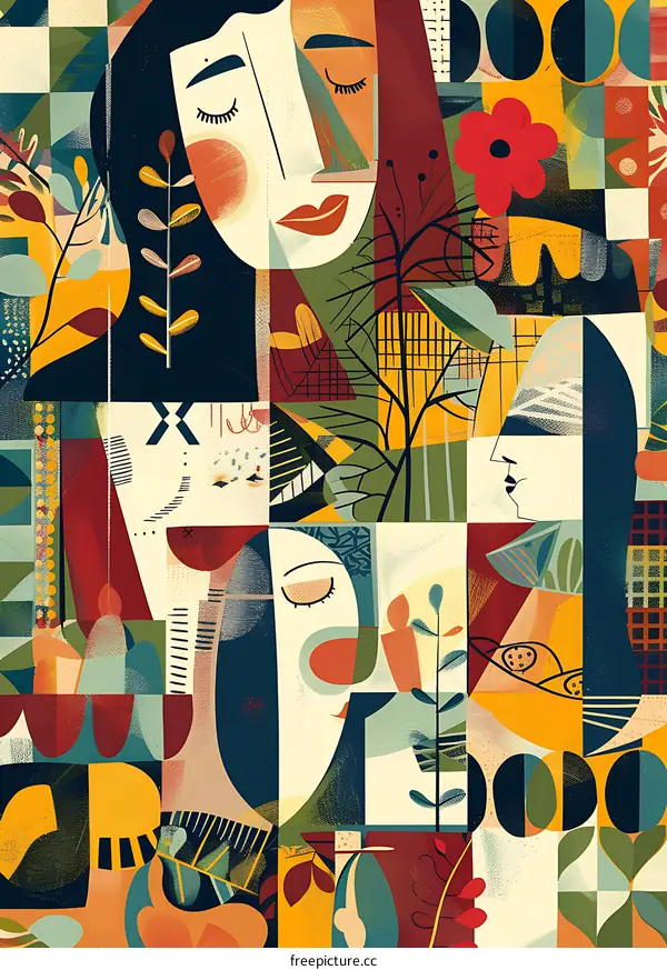 Abstract Art with Women Faces and Nature Elements