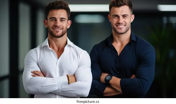Two young businessmen standing together and smiling