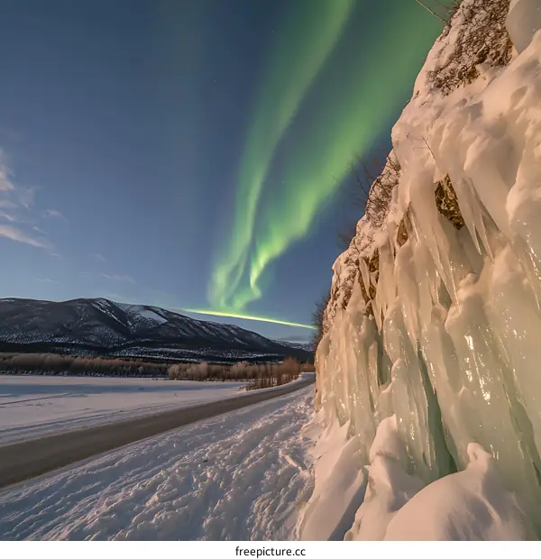 Aurora Borealis Over Snowy Landscape With Icicles