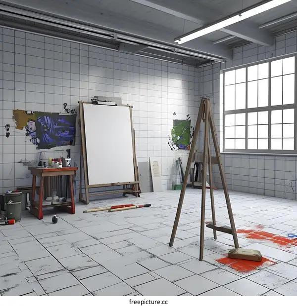 Empty Artist Studio with White Canvas on Easel