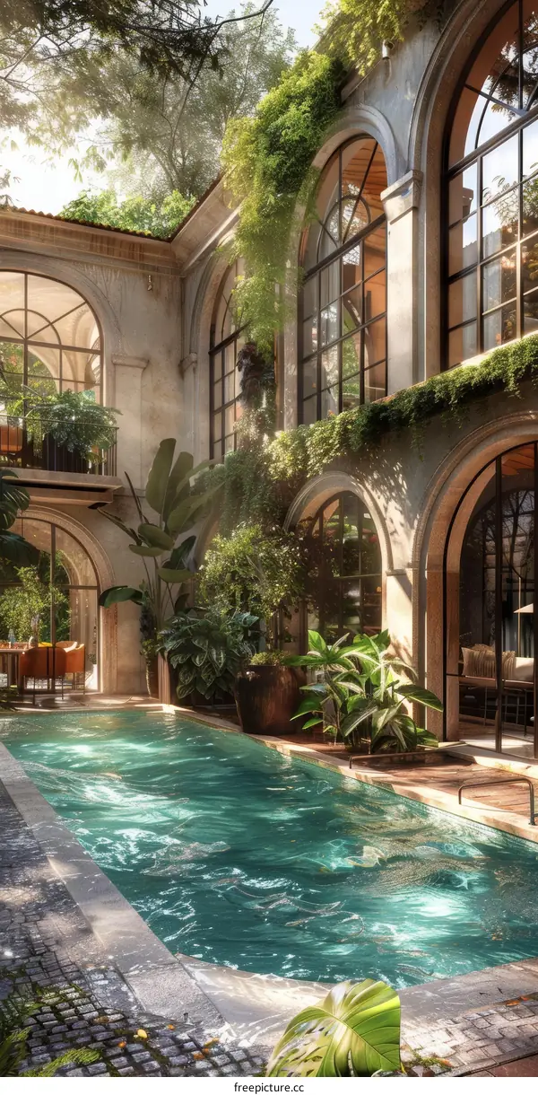 Courtyard with swimming pool and tropical plants