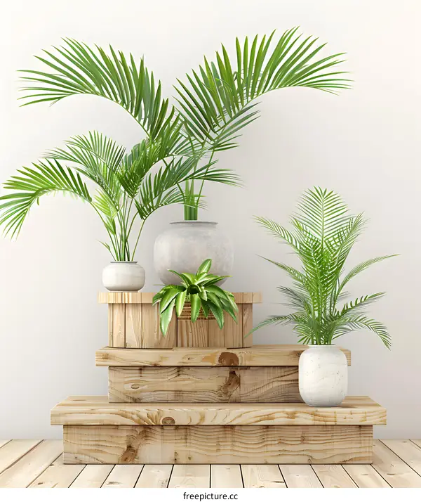 Green Plants in Pots on Wooden Steps Against a White Wall