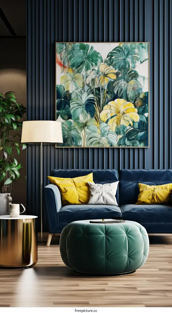 Blue and Green Living Room with Sofa and Painting