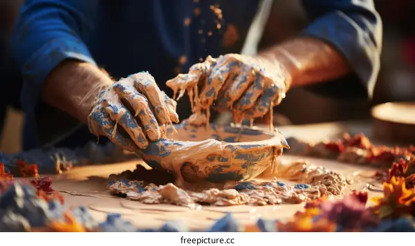 A potter shapes a bowl out of clay on a pottery wheel