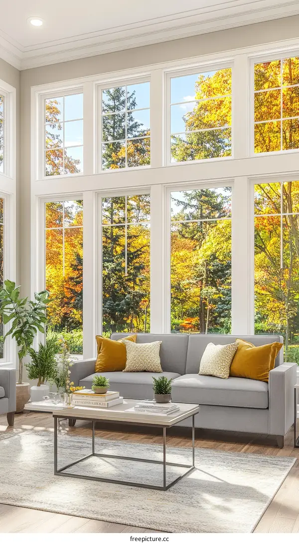 Modern Living Room with Large Windows and Autumn Trees