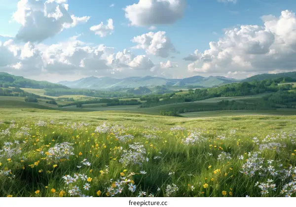 Tranquil Meadow Landscape with Distant Mountains