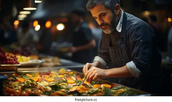 Focused male chef cooking delicious food in a busy restaurant kitchen