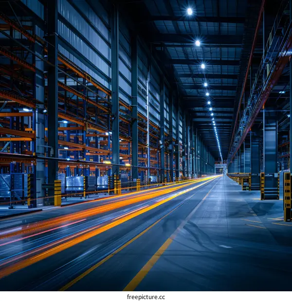 Industrial Building Interior with Empty Shelves Under Bright Lights