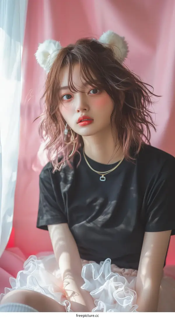 portrait of a young woman with pink cat ears