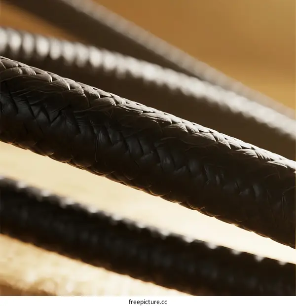 Close-up view of thick black braided ropes with intricate texture