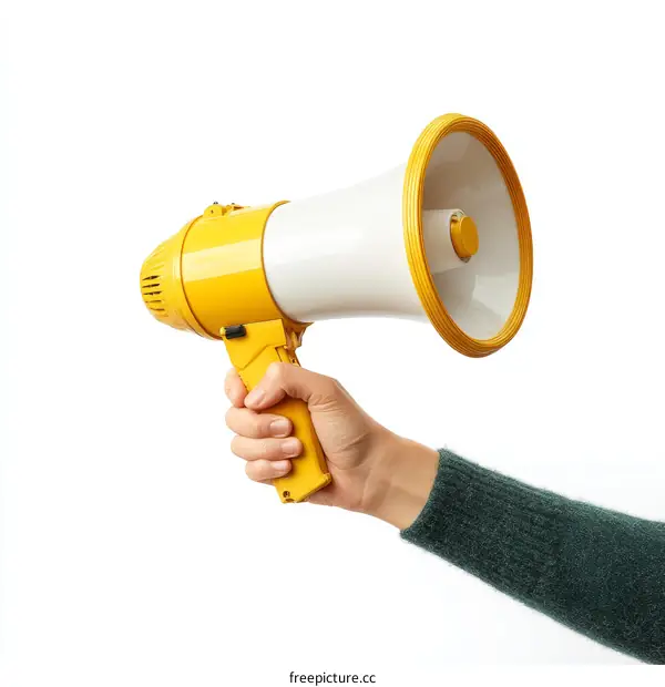 Person Holding a Yellow Megaphone on White Background