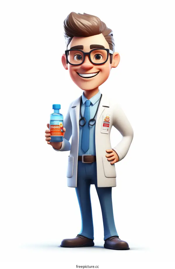 A cartoon doctor holding a bottle of medicine