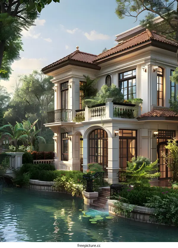 A magnificent villa with a beautiful garden and a swimming pool