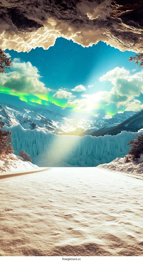 Snow Covered Road Leading Through Mountains With Aurora Borealis