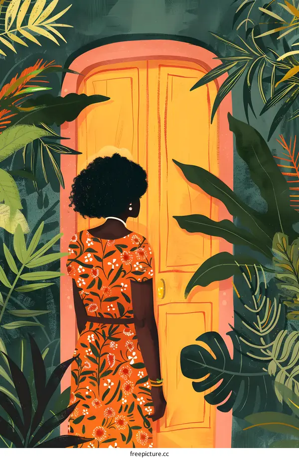 Woman Standing Before A Yellow Door In Tropical Foliage