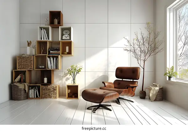 Modern Minimalist Living Room with Wooden Bookshelves